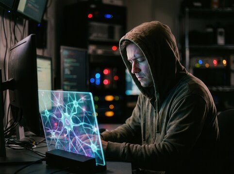 Hacker Working on Futuristic Interface for Cyber Security Concept