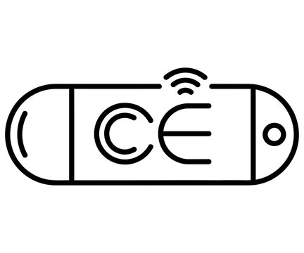 Minimalist CE marking icon for electronic devices, black line art regulatory symbol, wireless technology certification logo
