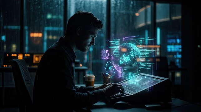 Man working on futuristic computer with holographic interface in dark room