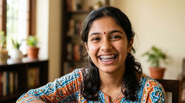 Happy Indian teenage girl with dental braces and bindi smiling at home in an authentic lifestyle portrait