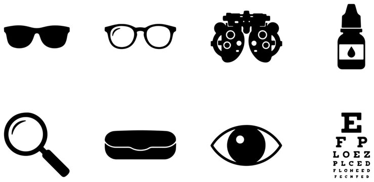 Ophthalmology Icons Set, Eye Care Symbols, Vision Test Chart, Eyeglasses, Magnifying Glass, Optometry Equipment, Eye Drops, Black and White Vector Graphics