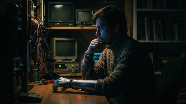 Man with prosthetic arm working at desk with vintage computer in dark room