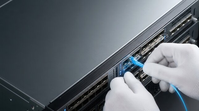 Technician Plugging Network Cable into Server for IT Hardware Banner