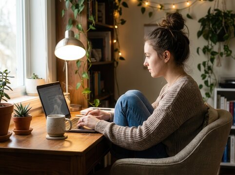 Woman Working on Laptop at Home Desk for Freelance Concept