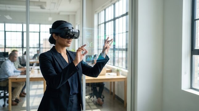 Businesswoman wearing VR headset for corporate presentation in office