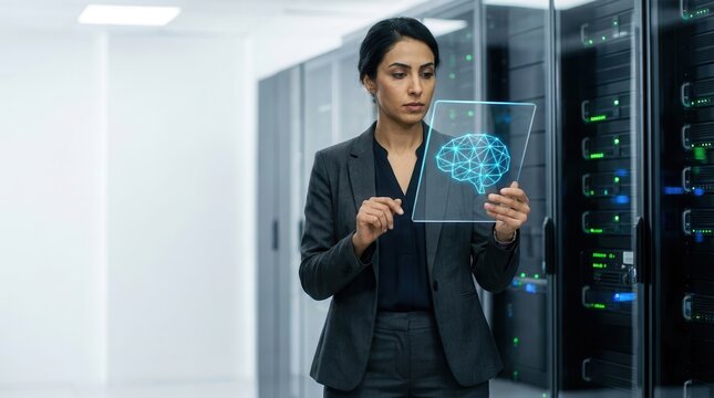 Woman data scientist analyzing AI brain projection in server room