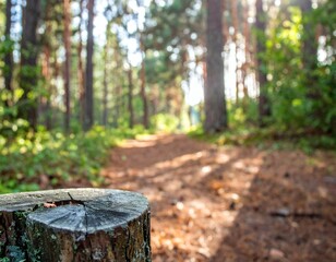 Fototapeta premium Serene forest path with tree stump in the foreground and sunlight filtering through trees.
