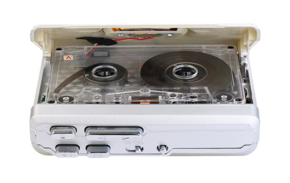 Silver cassette player with tape inside, isolated on white background.