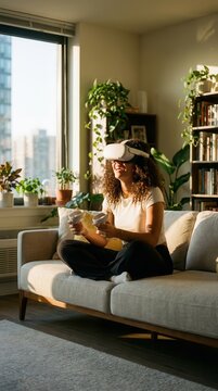 Woman Wearing VR Headset on Sofa in Living Room for Gaming Concept