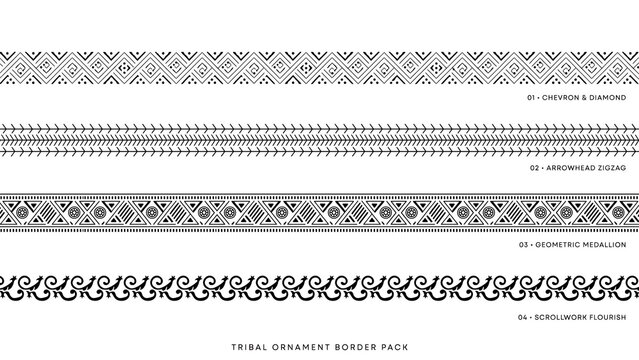 Four black tribal ornament borders on a white background, isolated on a, transparent background