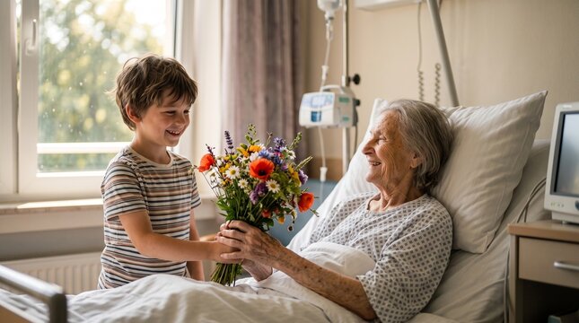 Caring Young Boy Visiting His Smiling Elderly Grandmother in Hospital Bed Giving Her a Colorful Bouquet of Flowers