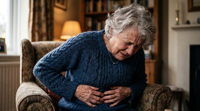Elderly senior woman sitting in an armchair at home clutching her stomach in physical pain from abdominal ache