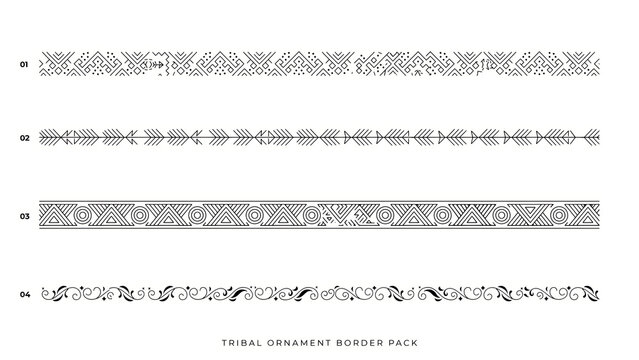 Four black tribal ornament borders on a white background, isolated on a, transparent background