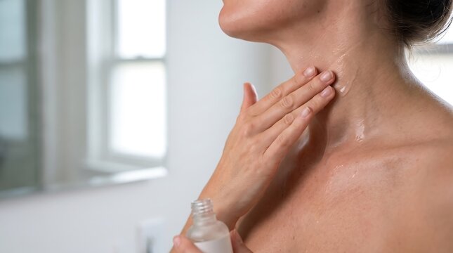 Woman applying skincare serum to neck and d&eacute;colletage for anti-aging beauty routine.