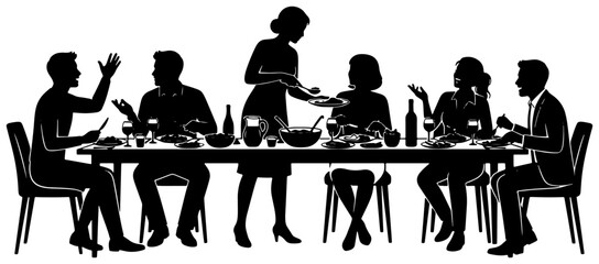 Fototapeta premium Silhouette Dinner Party, Festive Gathering, Celebration Meal, Social Event, People Dining Together, Vector Illustration