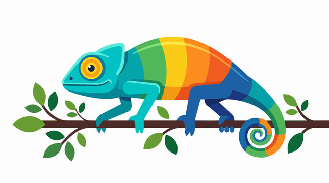 Cute Colorful Rainbow Striped Chameleon Sitting on a Branch with Green Leaves Stylized Reptile Illustration