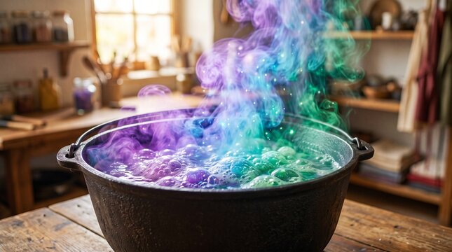 Cauldron with bubbling fog, Bubbling cauldron with colorful smoke in rustic kitchen