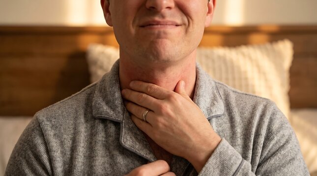 Man in pajamas touching his throat feeling sore or having a cough in bedroom