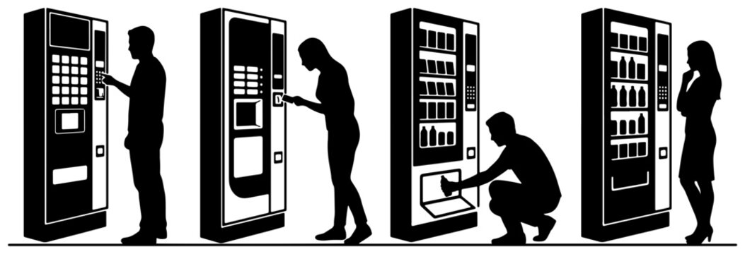 Vending Machine Interaction Set, Silhouette People Buying Snacks and Drinks, Modern Retail Machines