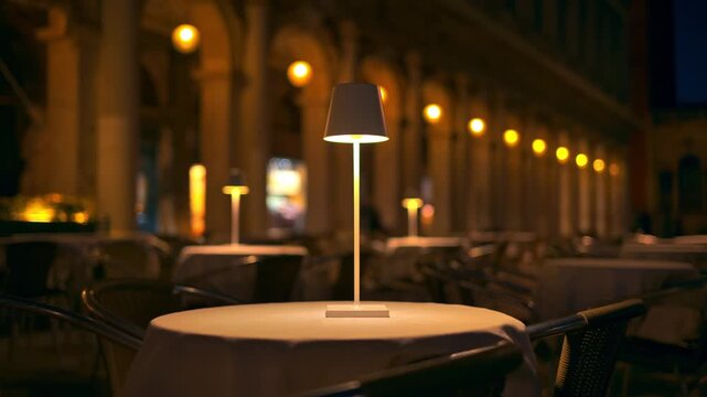A close up view of an illuminated modern white table lamp on a covered table, in an outdoor Italian cafe at night.