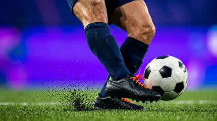 Fototapeta premium Field level view of soccer player legs striking ball with green grass and flying dirt
