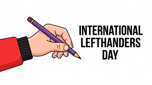 International Lefthanders Day banner, left hand holding pencil illustration, creative writing concept for lefthanded people