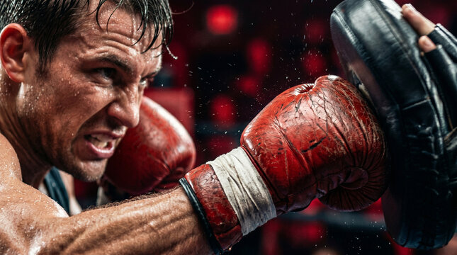 Fierce athlete throwing a powerful punch into a training pad with red gloves