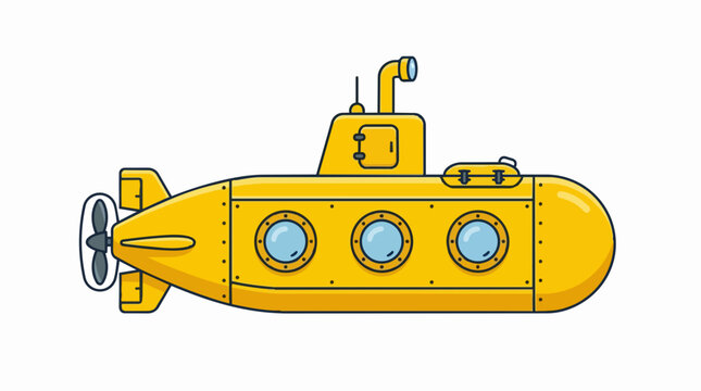 Bright Yellow Submarine Underwater Vessel with Three Round Windows and Periscope for Marine Sea Exploration