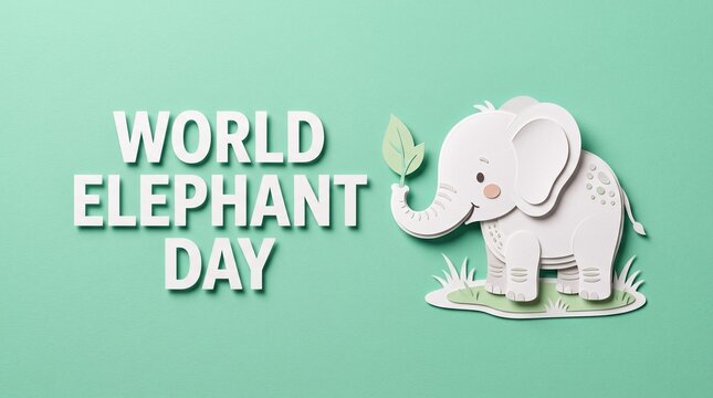 World Elephant Day banner, cute paper cut elephant illustration on green background, wildlife conservation awareness poster