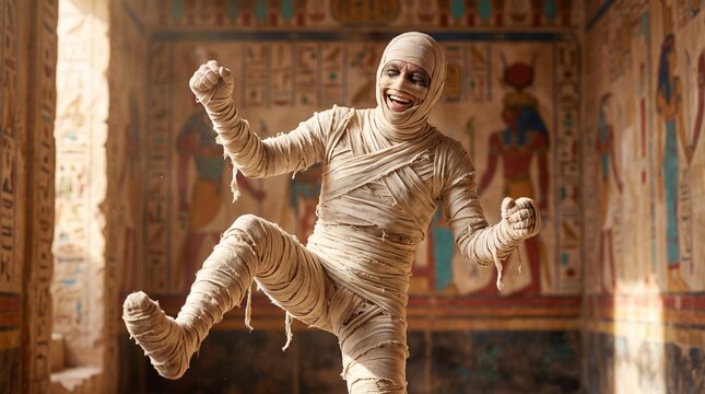Mummy wrapped in bandages, Person dressed as a mummy posing playfully in an ancient Egyptian tomb  