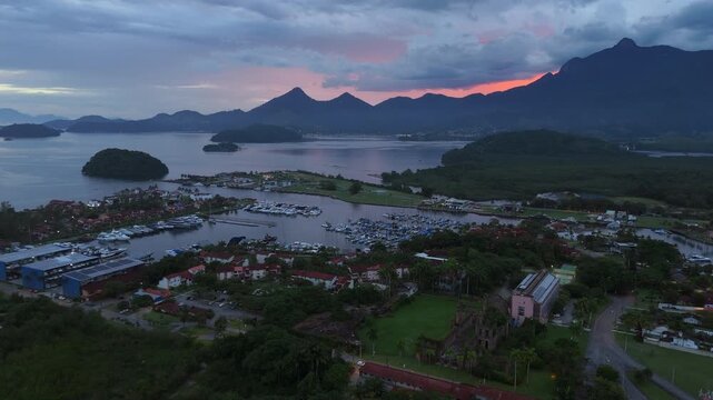 Aerial view of the Marina Bracuhy near the town of Angra dos Reis in Brazil at sunset