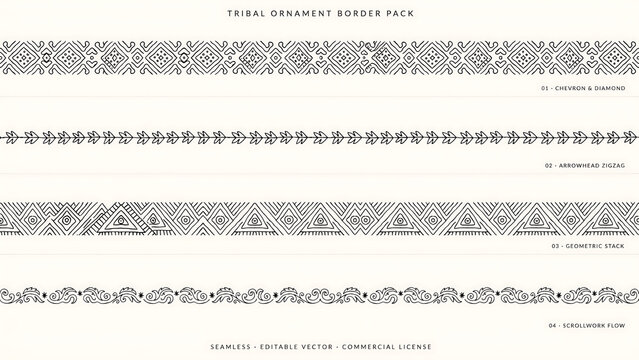 Four black tribal ornament borders with geometric patterns isolated on a transparent background