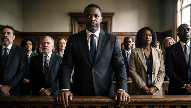 Diverse group of professional lawyers standing in a courtroom. Serious legal team in a suit ready for trial
