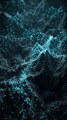 Naklejka premium Dark mountainous terrain landscape with glowing cyan particulate energy field mountains landscape