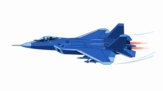 Modern Military Blue Fighter Jet Aircraft in Supersonic Flight with Engine Exhaust Isolated on White Background
