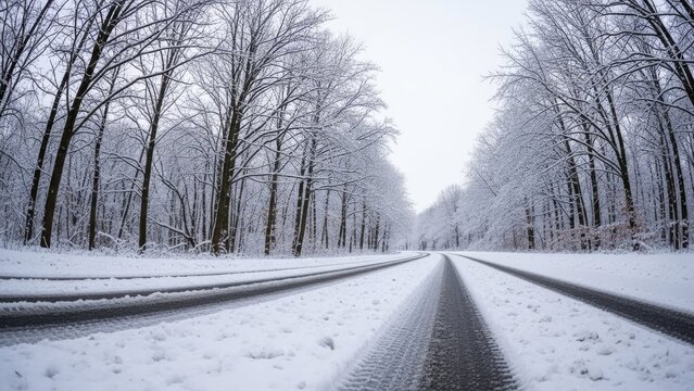 Empty road through snow covered winter forest landscape.