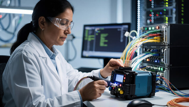 Female engineer performing electronic hardware testing in a laboratory. She uses a diagnostic device to analyze complex network equipment