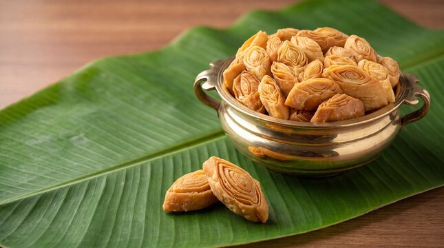 Traditional Kerala Sweet Madakk Boli Flaky Layered Pastry in a Golden Brass Uruli on Fresh Banana Leaf and Wooden Table