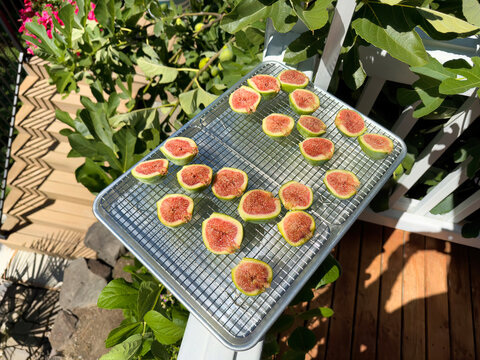 Sliced fresh raw organic desert king figs ready to be dehydrated for future storage on dry racks and baking sheet