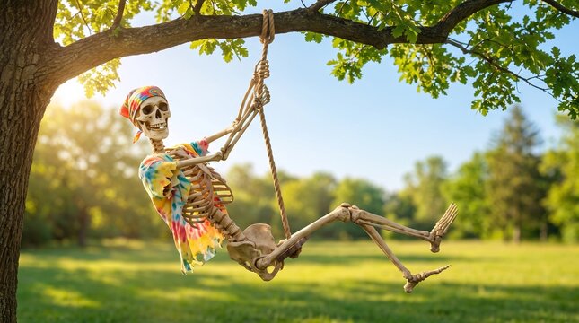 Skeleton hanging from a tree, Skeleton in colorful shirt swinging on rope from tree in sunny park  