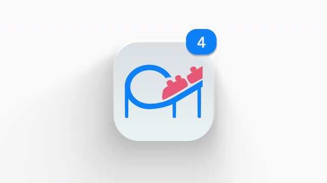 Roller coaster app icon featuring an animated notification badge with number counter increasing from 1 to 99, dynamic shadow effect, minimalist concept for thrill ride updates, on white background.