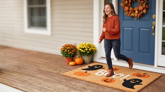 Spooky welcome mat, Young woman smiling on a decorated autumn porch with Halloween pumpkins