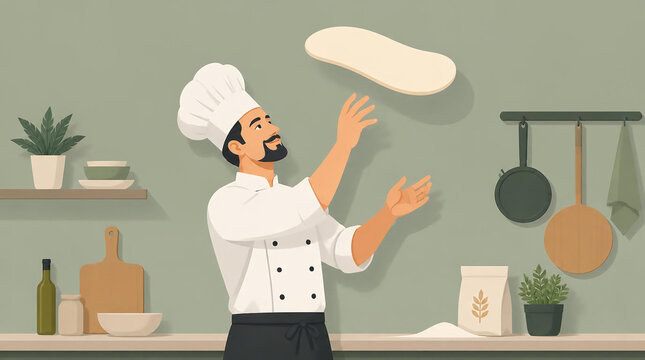 Male Chef Tossing Pizza Dough in Modern Minimalist Kitchen