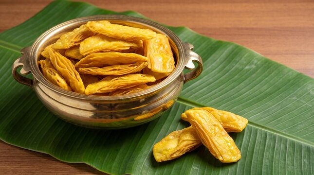 Traditional Kerala Sweet Madakk Boli Flaky Layered Pastry in a Golden Brass Uruli on Fresh Banana Leaf and Wooden Table