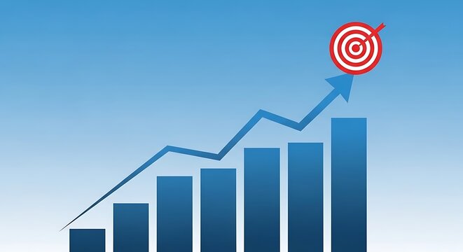 Business growth bar chart with rising arrow. Financial success graph hitting a target. Corporate performance and goal achievement concept.