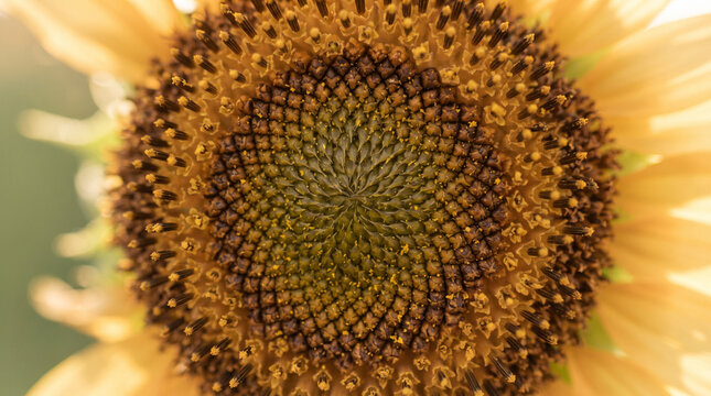 A close up view of the sunflower's center, where delicate geometric lines and a blend of natural green, reddish-brown, and bright yellow hues converge to create an intricate texture.