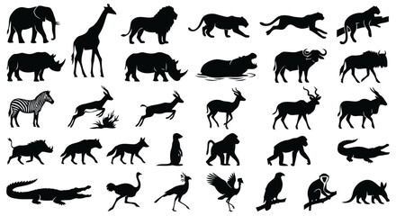 Naklejka premium Wild animal silhouette collection featuring African mammals, reptiles, birds, and forest wildlife