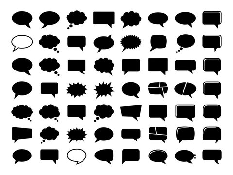 Speech bubble silhouettes mega pack with various talk and thought clouds on transparent background.