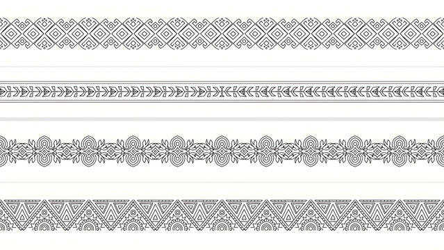 Four decorative black and white ethnic pattern borders isolated on a transparent background