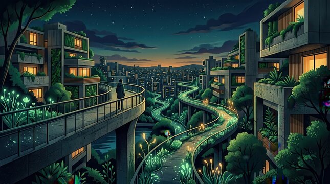 Person standing on elevated walkway overlooking futuristic eco city at night